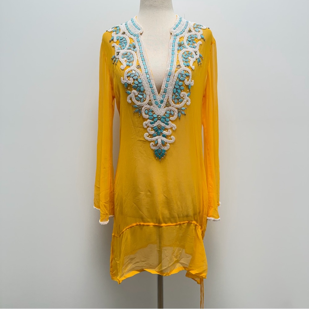 Kareena’s Beaded Tunic Yellow Long Sleeve Coverup Size Medium - Picture 2 of 11